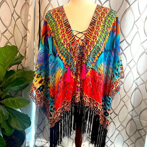 NWT True Colours by La Moda Fringe Peacock Caftan Top- One Size - Picture 1 of 10